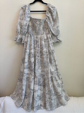 Nothing Fits But Toile Cottagecore Linen Blend Smocked Puff Sleeve Midi Dress L